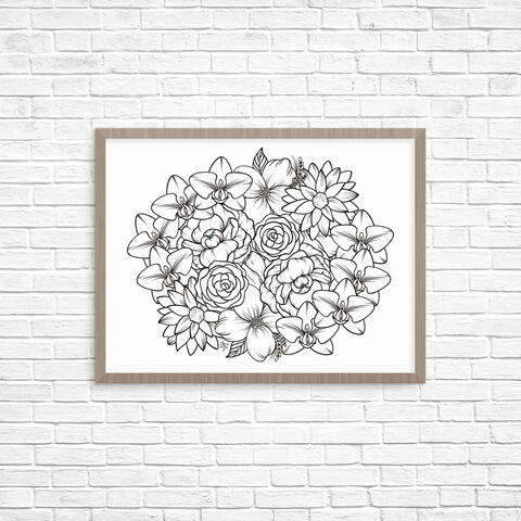 Digital illustration of floral line collage, black outlines on white background. Featuring orchids with vulvas in the center, one set of four on the top left and the other bottom right. Full illustration is within a gray brown wooden frame on a white brick