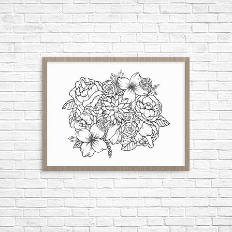 Digital illustration of floral line collage, black outlines on white background. Featuring two dick flowers, one on the top left and the other bottom right. Full illustration is within a gray brown wooden frame on a white brick background.