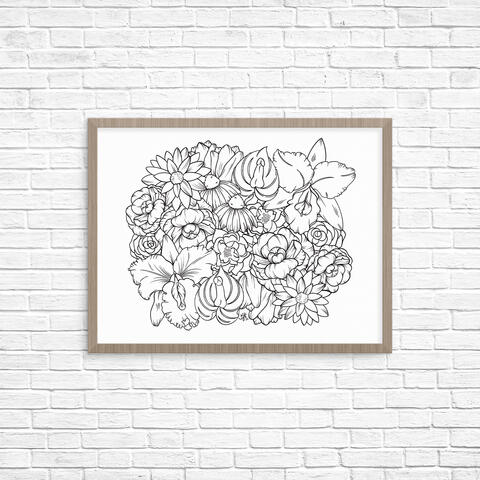 Digital illustration of floral line collage, black outlines on white background. Featuring a set of a cattleya orchid with a vulva in the bud and a lace leaf with a penis for the spadix on the top right and bottom left. Full illustration is within a gray b