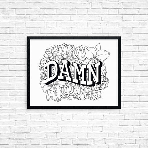 Digital hand lettering illustration featuring the word Damn in slab serif letters with floral line collage in the background, black outlines on white background. The floral collage includes a set of a cattleya orchid with a vulva in the bud and a lace leaf