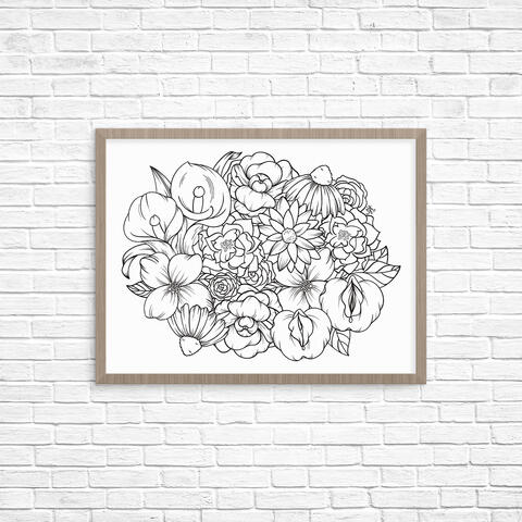 Digital illustration of floral line collage, black outlines on white background. Featuring two calla lilies with penises for the spadix on the top left and two butterfly peas with vulvas in the center on the bottom right. Full illustration is within a gray